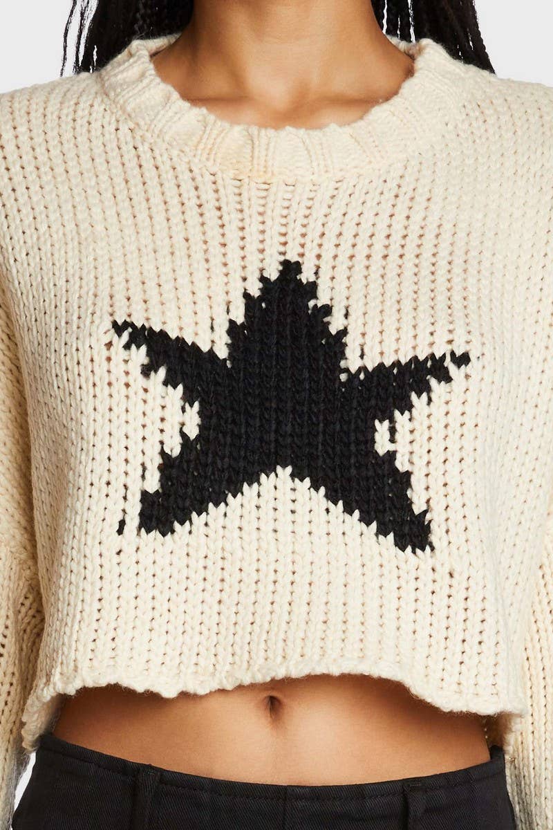 CWOSWL5747_ROUND NECK FIVE-POINTED STAR SHORT KNIT TOP