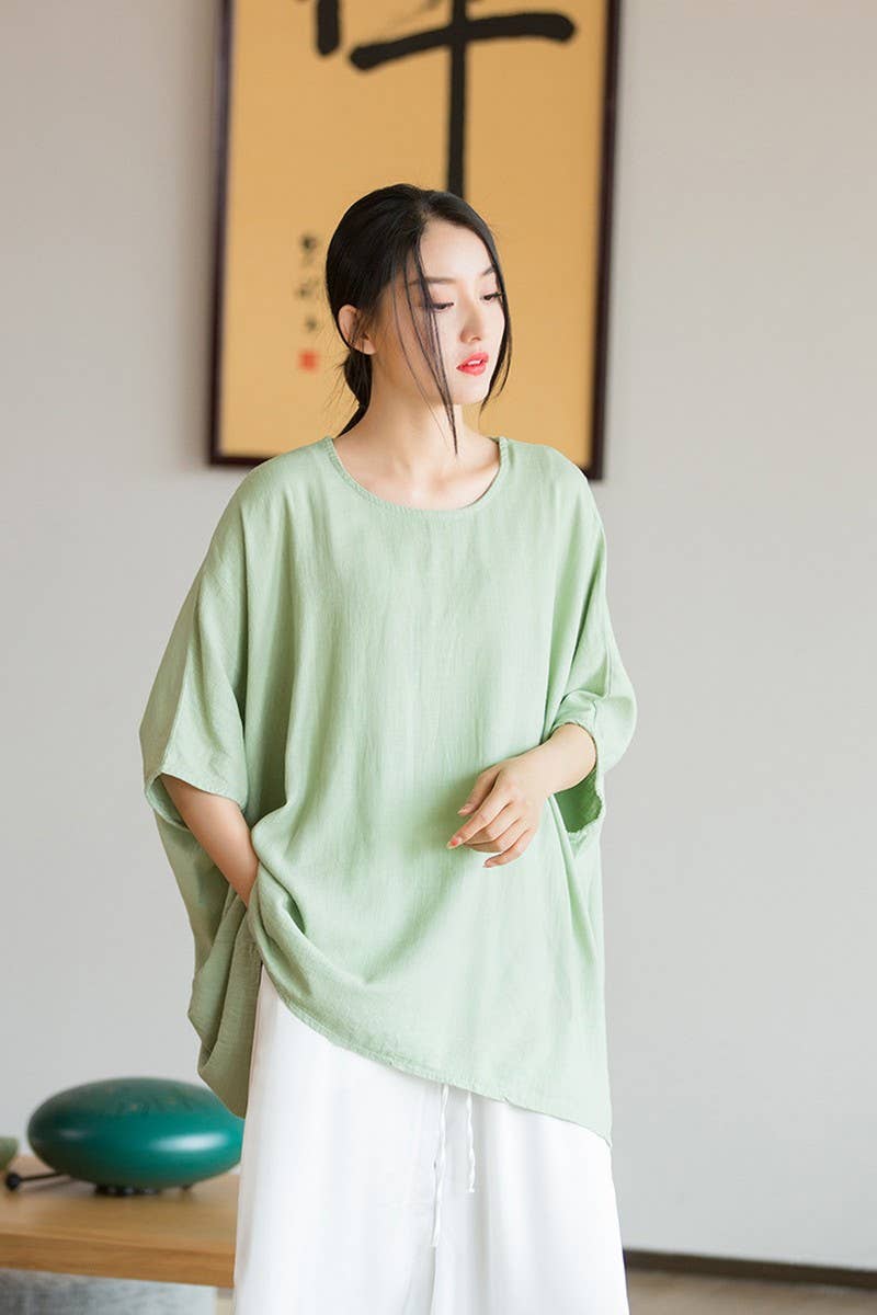 CWTBLS1454_LINEN BATWING SLEEVE SUN PROTECTION TOP