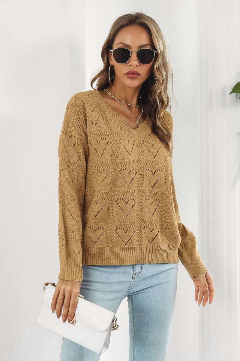 CWOSWL3968_V-NECK HOLLOW HEART PLAID KNITTED SWEATER