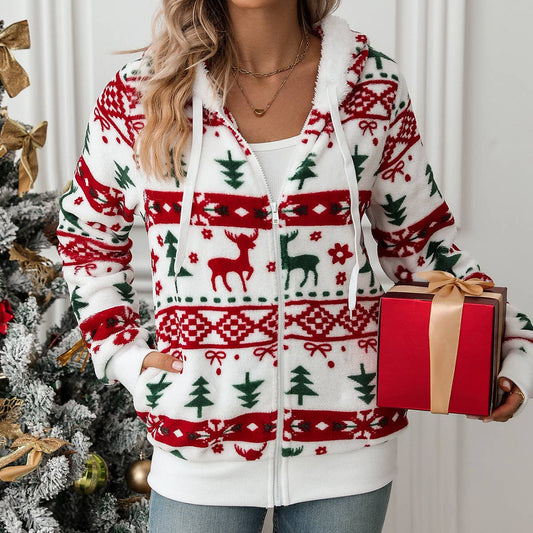 Cardigan Christmas print fleece coat
