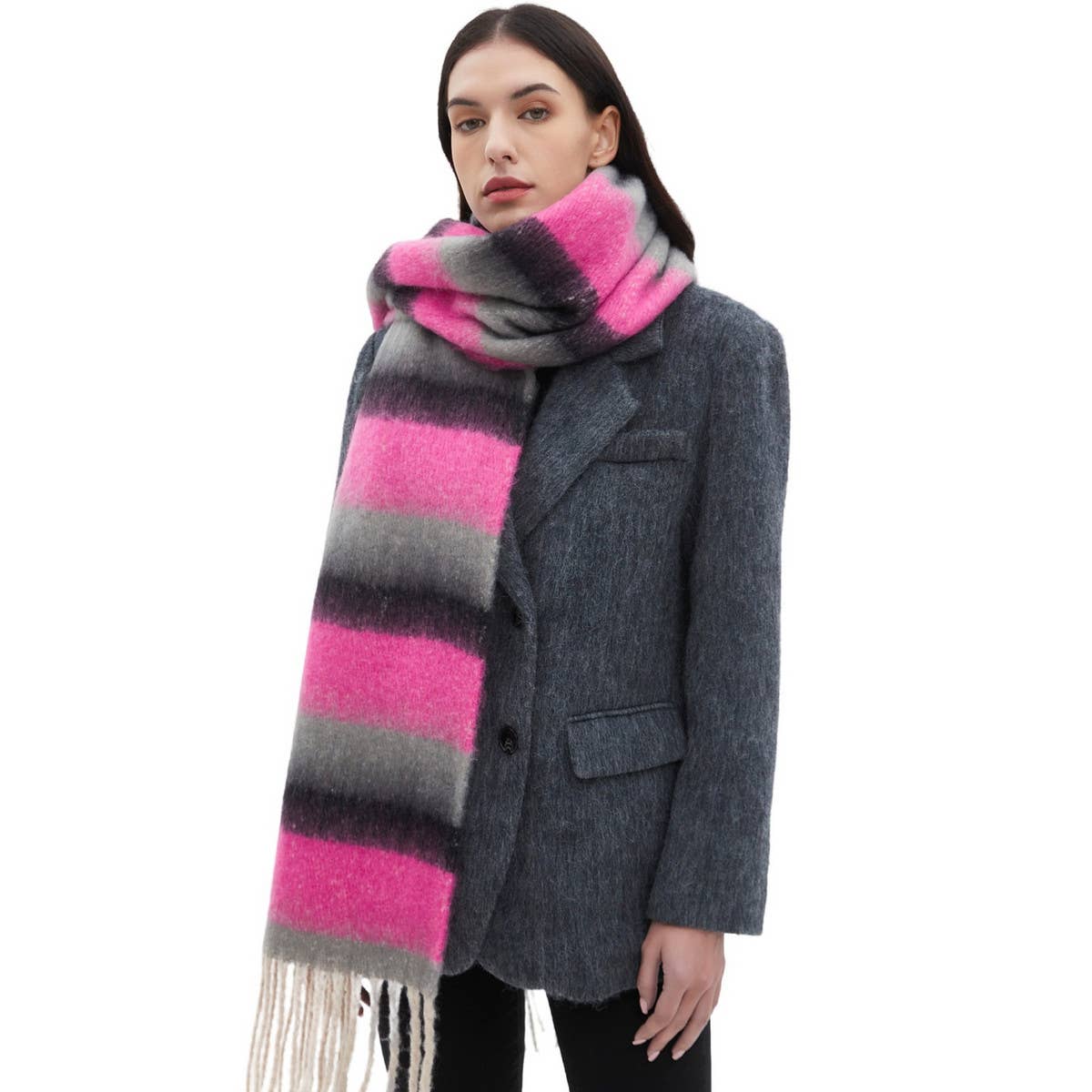 Chunky Fringe Stripe Scarf ?  Winter Yarn Wrap