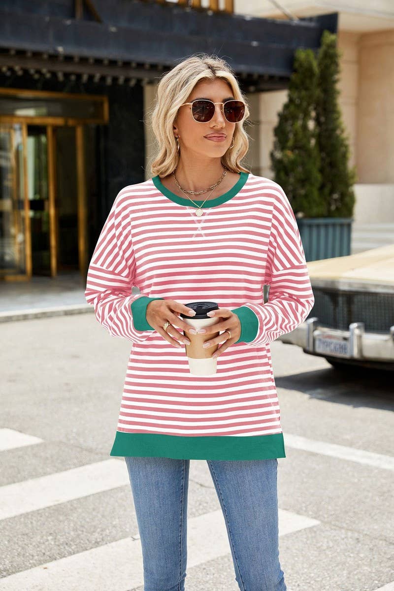 CWTBLL3746_CONTRAST COLOR SLIT LOOSE STRIPED SWEATSHIRT