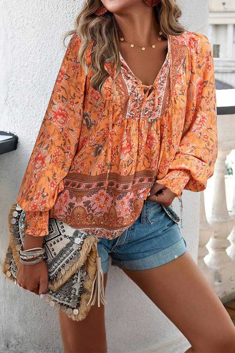 CWTBLL3942_BOHO V-NECK TIE FRONT PRINTED LONG SLEEVE BLOUSE