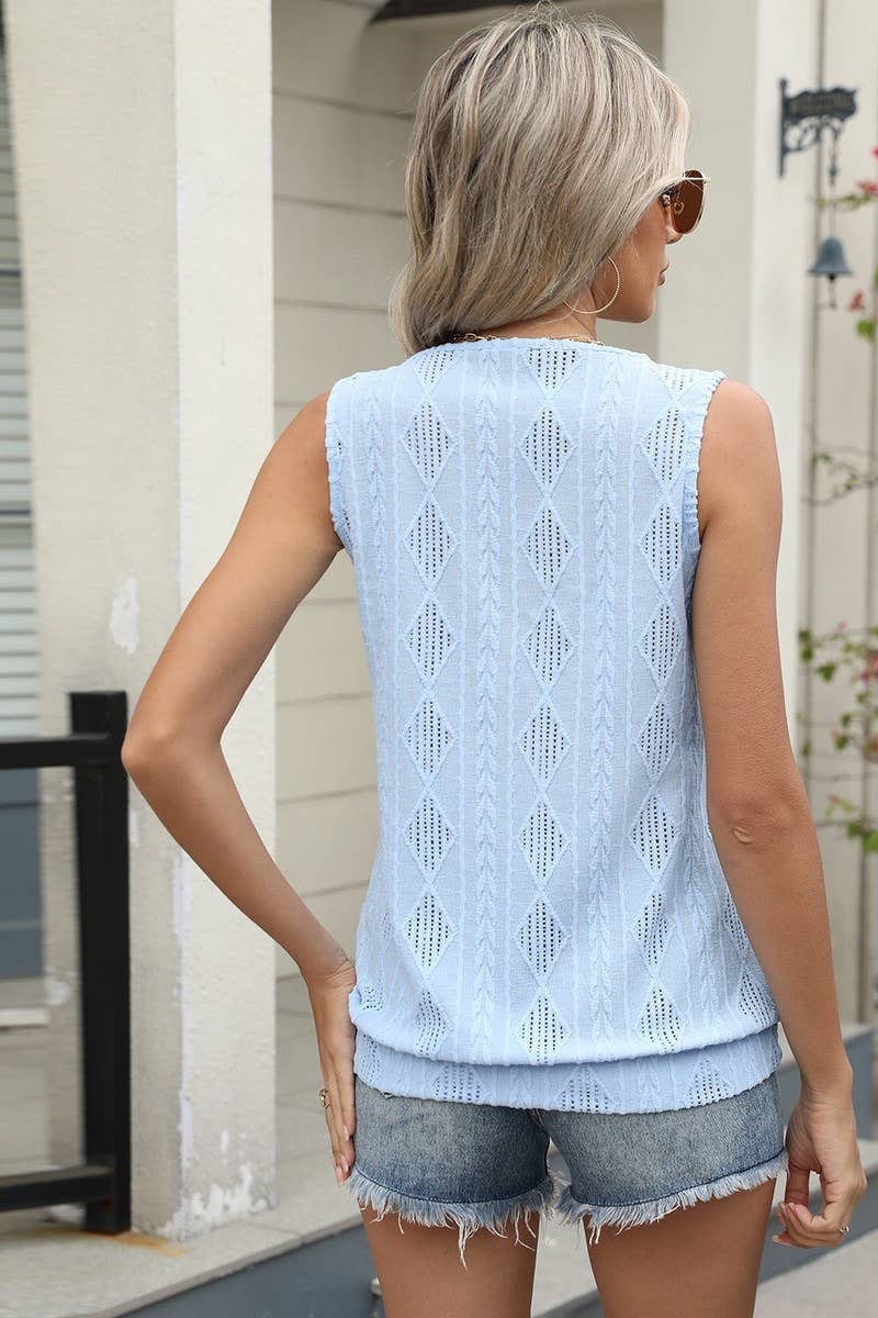 CWTBLSL0667_V-NECK SOLID COLOR SLEEVELESS JACQUARD VEST