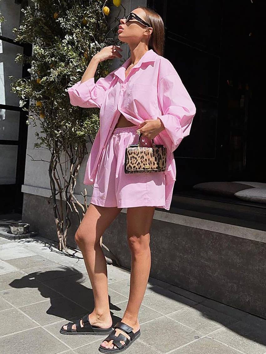 Chic solid color shirt & shorts casual set