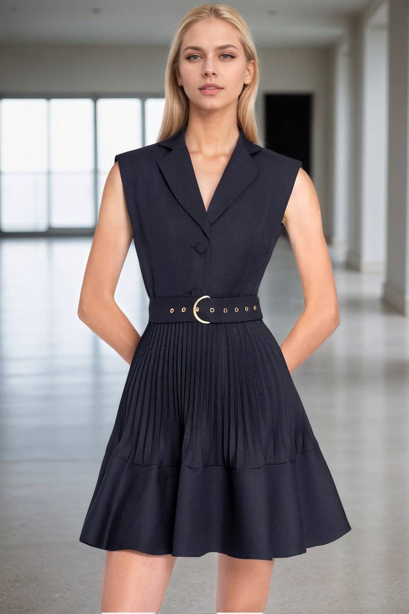 CWDSD8858_SLEEVELESS COLLARED RUCHED SOLID MINI DRESS