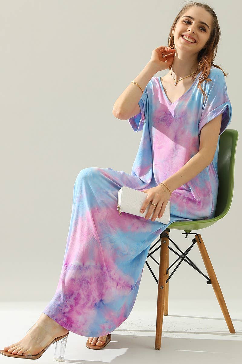 CWDMD820_SHORT SLEEVE V-NECK MAXI DRESS WITH SIDE SLIT