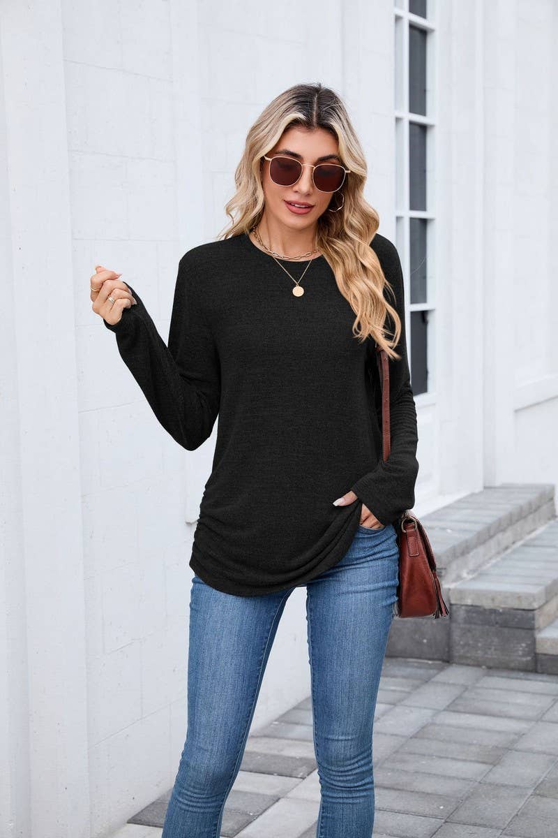 CWTBLL01304_COLORBLOCK RUCHED LONG SLEEVE CASUAL T SHIRT