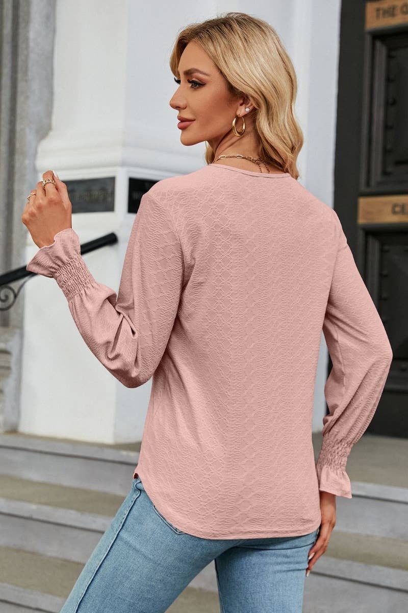 CWTBLL2822_LACE LACE PATCHWORK V-NECK LONG SLEEVE TOP