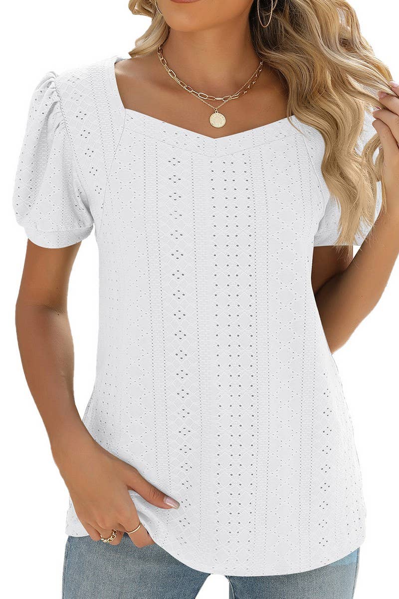 CWTBLS0877_SQUARE COLLAR SOLID COLOR SHORT-SLEEVED TOP