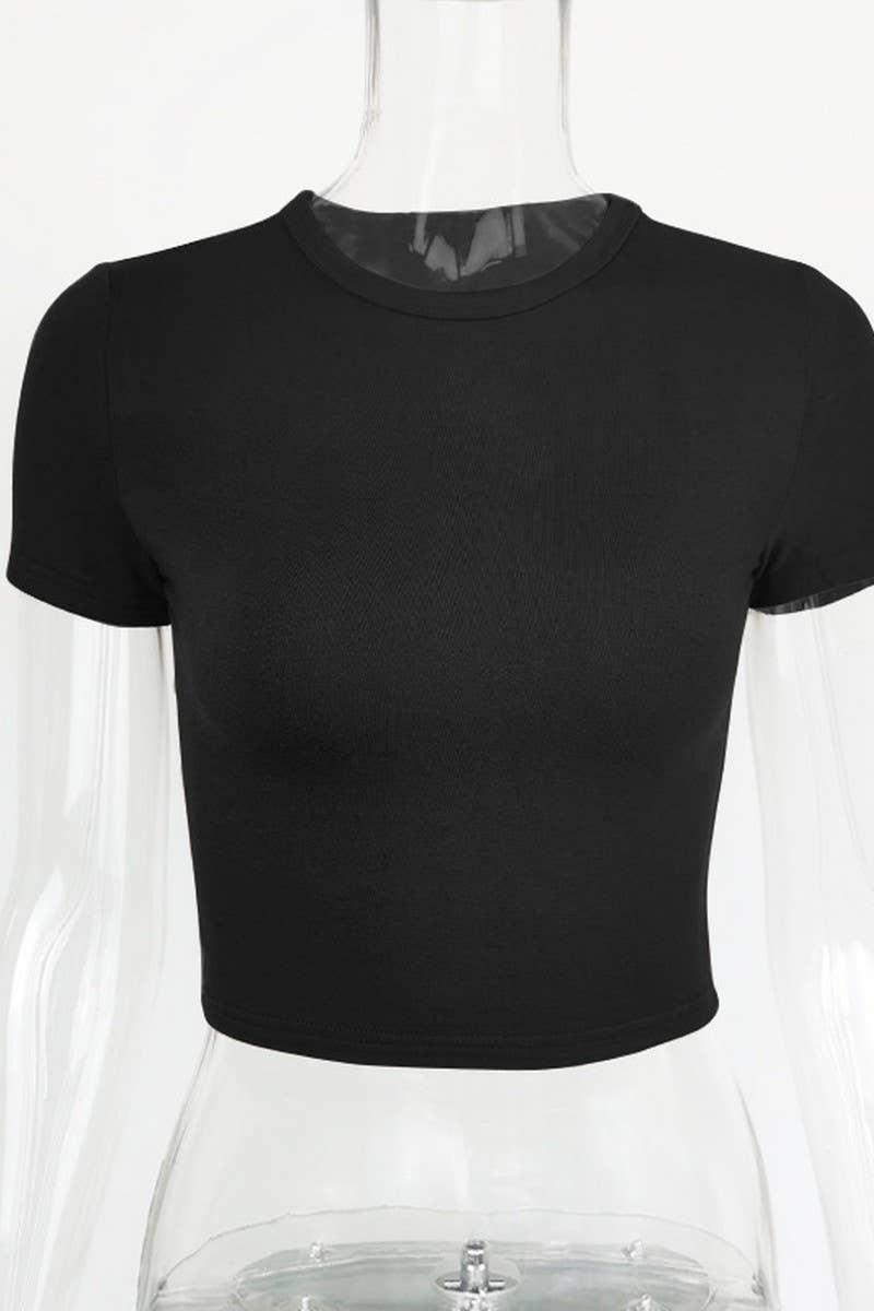 CWTTS1346_SOLID COLOR ROUND NECK SHORT BELLY EXPOSED TOP