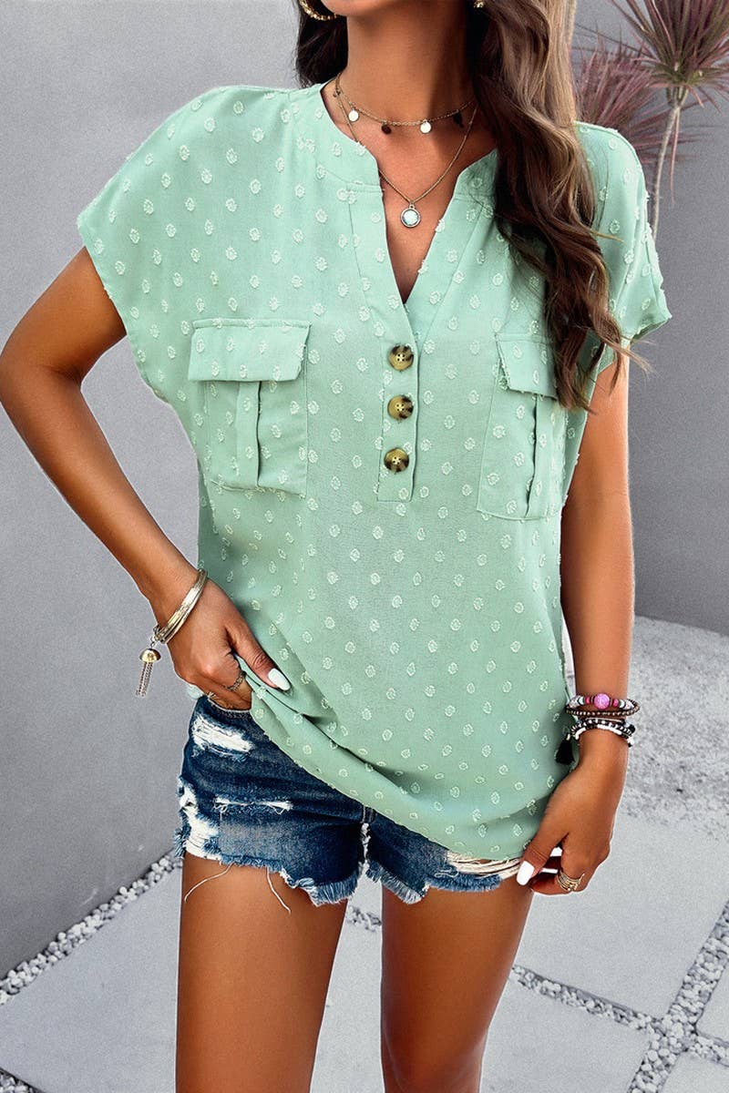 CWTBLS0387_V-Neck Button Detailed Short Sleeve Top