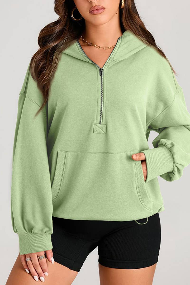 CWOHOL0935_SOLID COLOR HOODED ZIPPER POCKET SWEATSHIRT