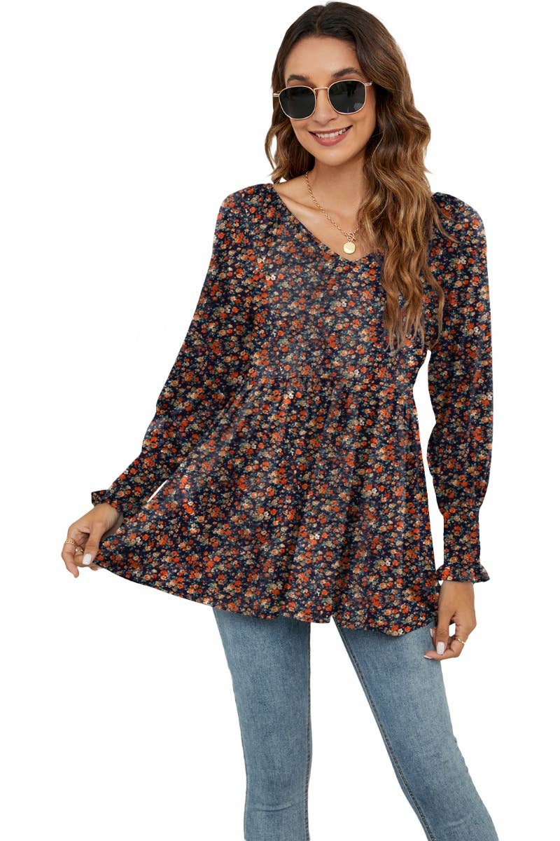 CWTBLL2935_FALL FLOWER BOUQUET WAIST PUFFY SLEEVE TOP