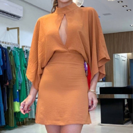 BAT-SLEEVED STAND COLLAR HOLLOW-OUT DRESS