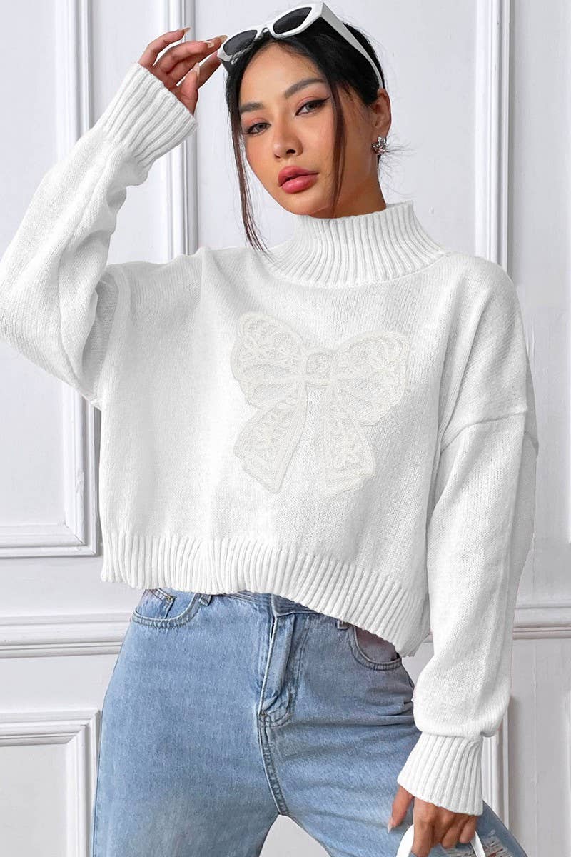 CWTTT00022_WOMEN TURTLENECK SHORT SWEATER BOW