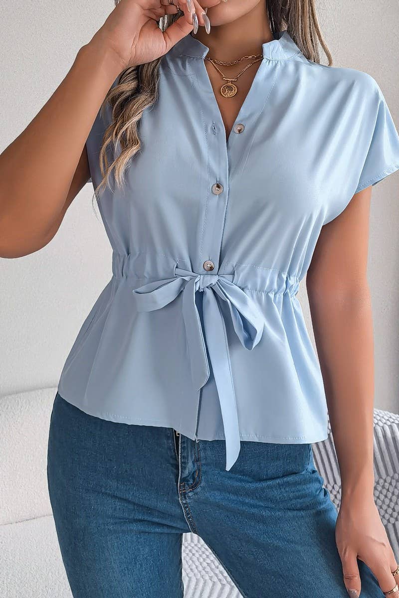CWTBLS02501_2025 WOMEN V NECK SHORT SLEEVE CHIFFON BLOUSE