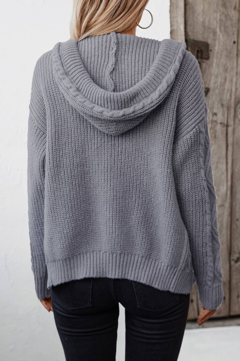 CWOCAL0864_HOODED DRAWSTRING KNITTED CARDIGAN