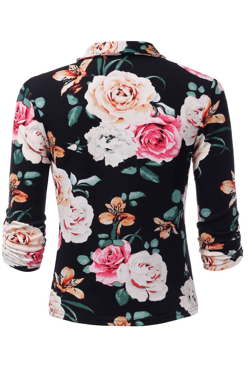 CWOBL091_Casual Work Ruched 3/4 Slv Open Front Blazer Jacket