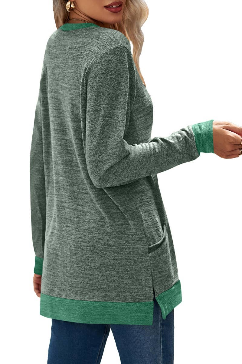 CWTBLL2689_CREW-NECK COLOR-MATCHING POCKET LONG-SLEEVED TOP