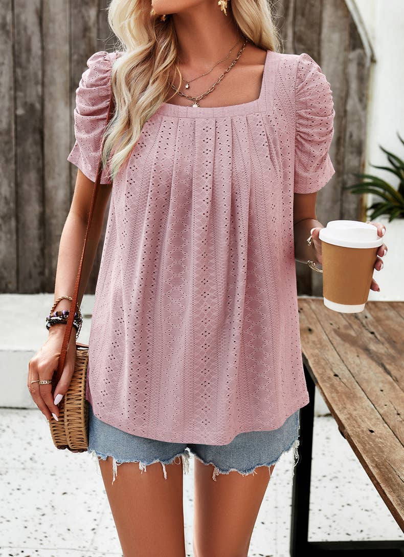 CASUAL SOLID COLOR SQUARE COLLAR SHIRT TOP
