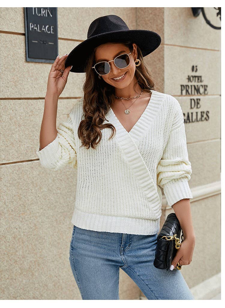 CHENILLE SWEATER WOMEN WITH LOOSE V-NECK DESIGN