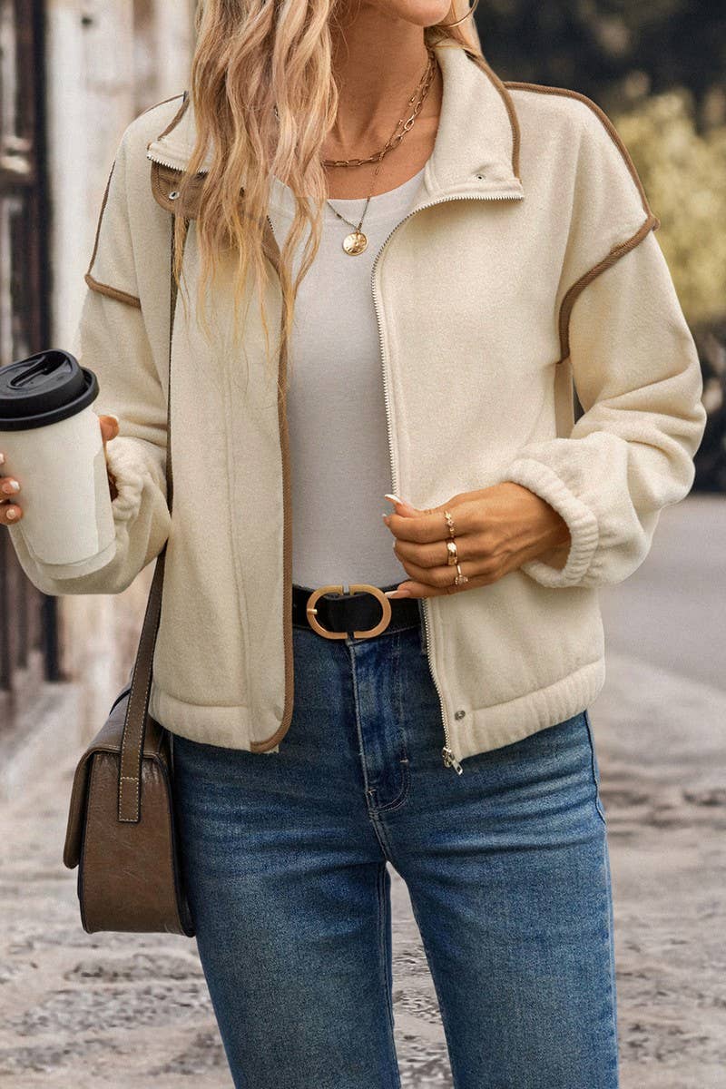 CWOCO1159_AUTUMN AND WINTER LAPEL SHORT ZIPPER JACKET