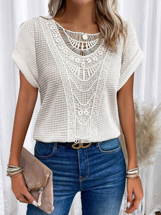 CUT-OUT LACE PATCHWORK SHORT SLEEVE T-SHIRT