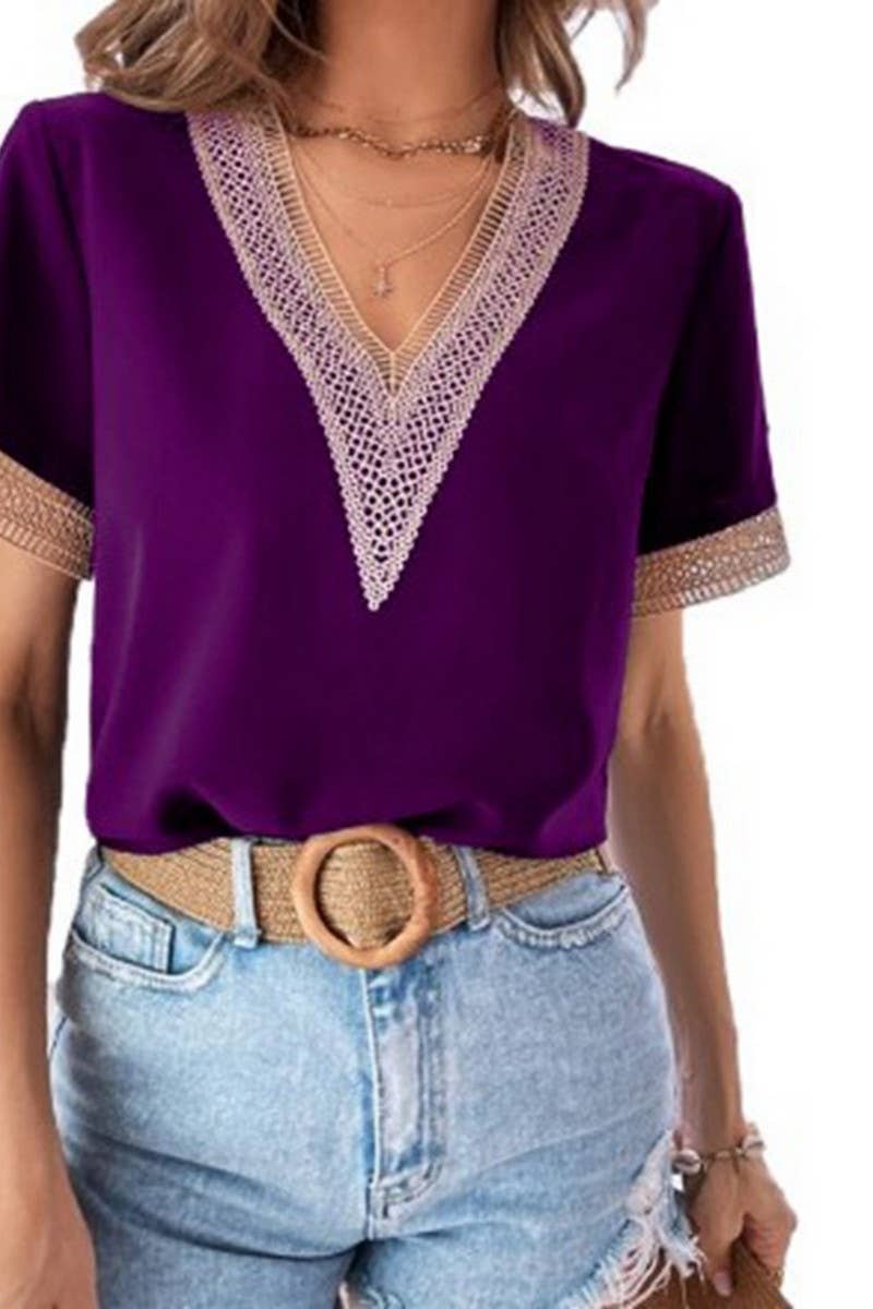 CWTBLS0826_V-NECK LACE CASUAL SOLID COLOR SHIRT