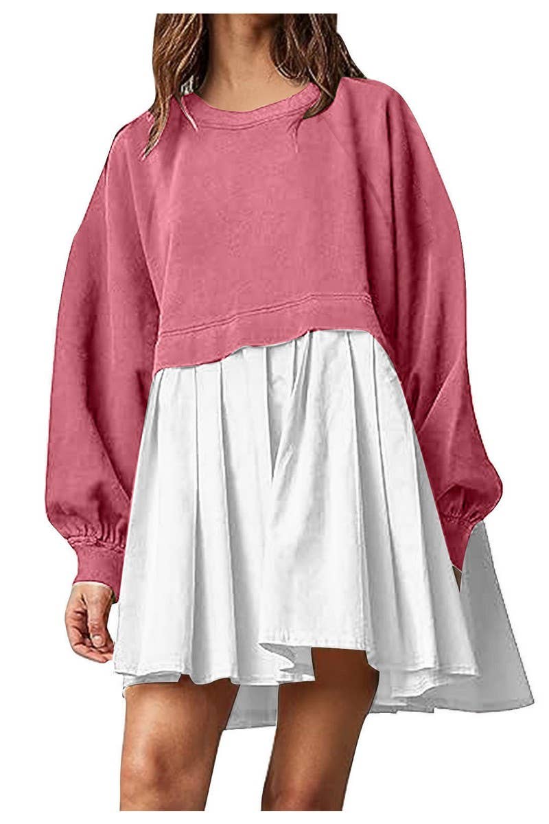 CWDSD10615_FAKE TWO-PIECE COLORBLOCK LOOSE PLEATED DRESS