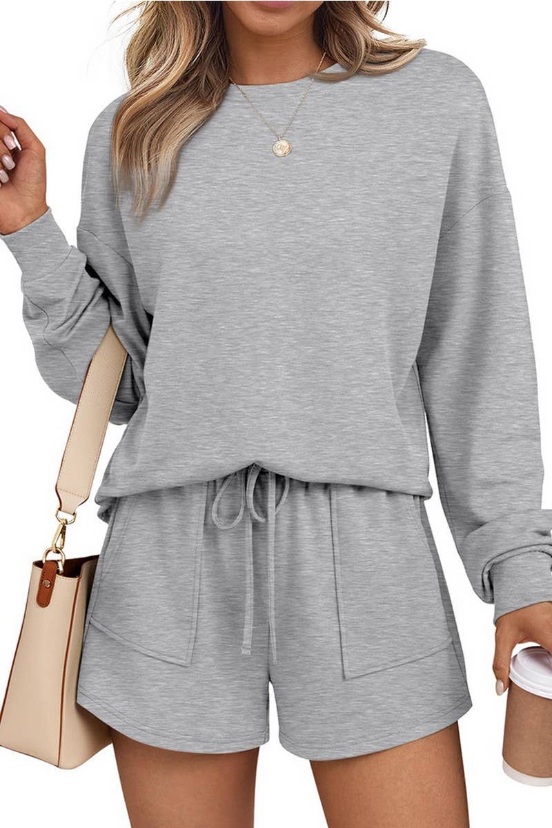 CWSTB00405_CREW NECK LONG SLEEVE SHORTS TWO-PIECE HOODIE SET
