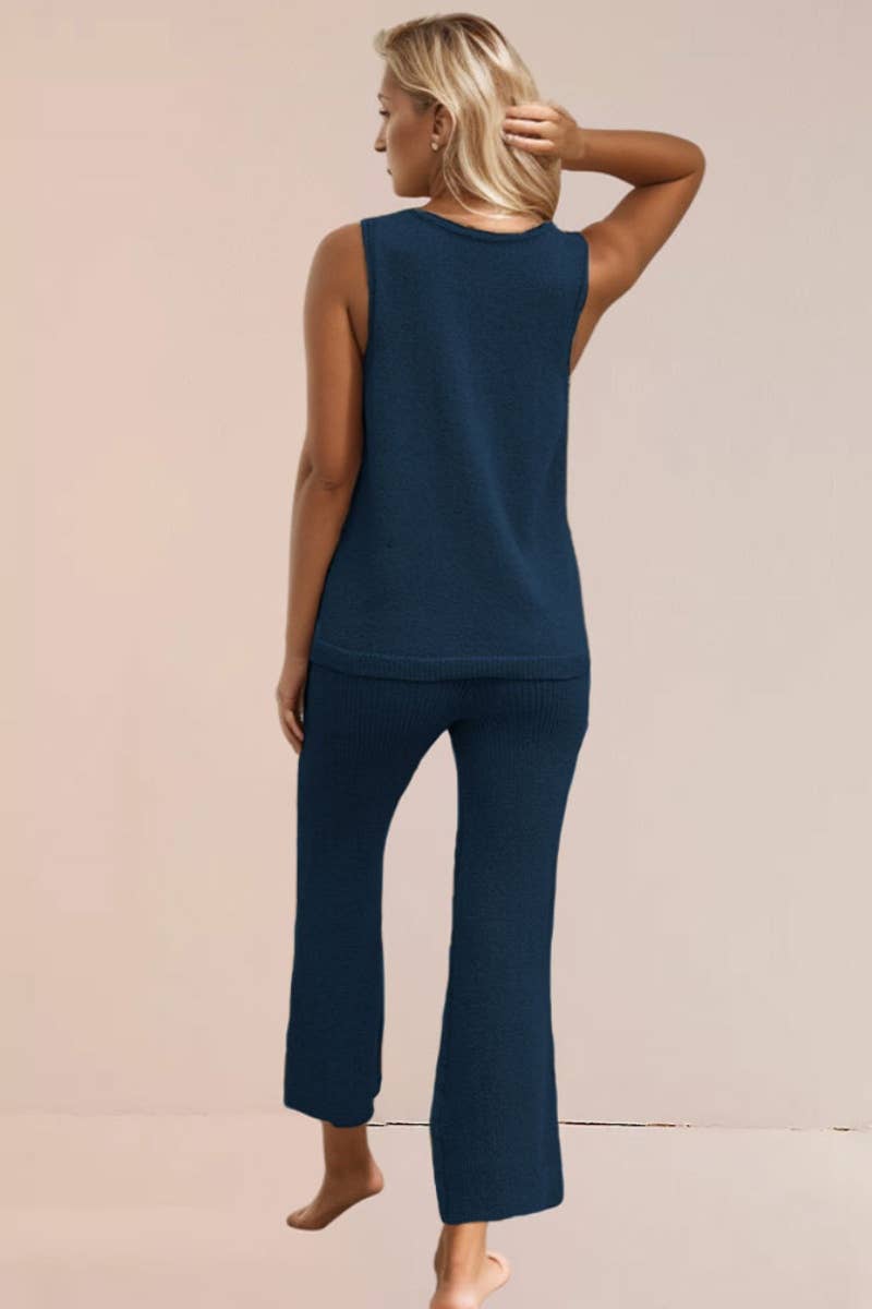 CWSS0495_KNIT SLEEVELESS TOP AND PANTS SUIT FOR WOMEN