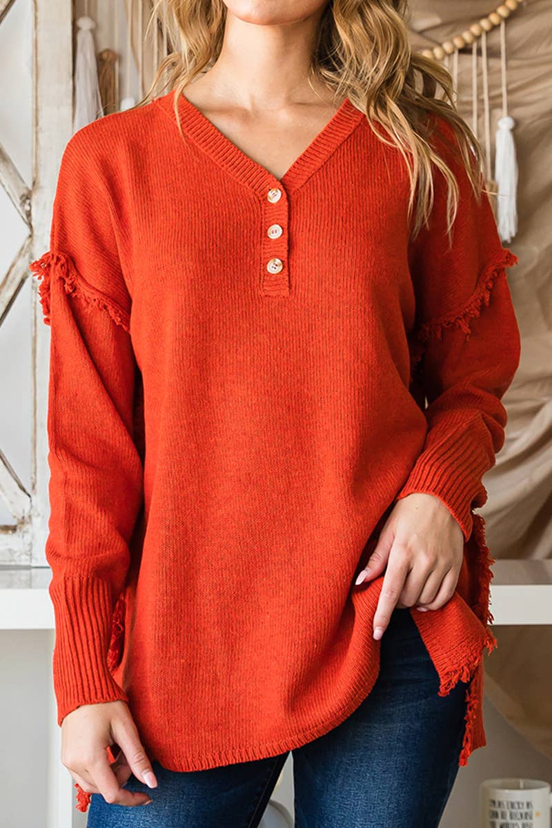 CWOSWL646-P_BUTTON DOWN FRINGE SHOULDER SWEATER KNIT TOP