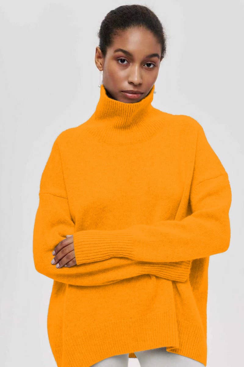 CWOSWL07646_SOLID COLOR LOOSE TURTLENECK KNITTED SWEATER