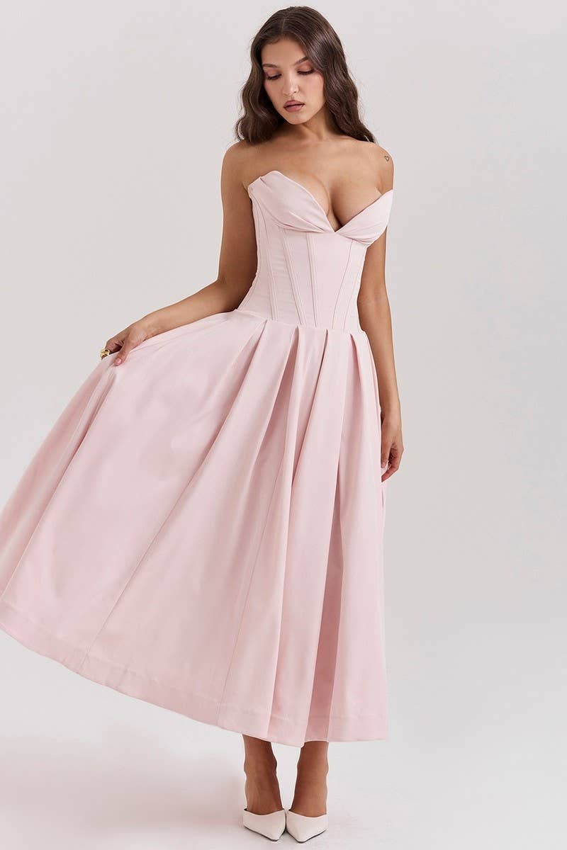 CWDTD0466_SLEEVELESS SOLID COLOR STRAPLESS MIDI DRESS