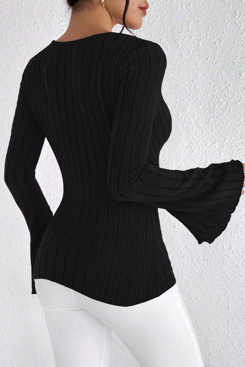 CWOSWL6451_V-NECK FLARED SLEEVE SLIM FIT BOTTOMING TOP