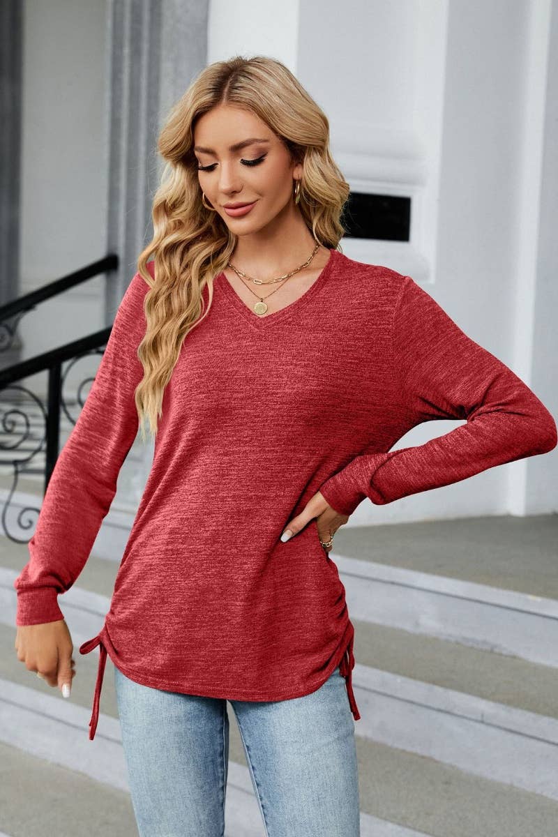 CWTBLL2690_FALL V-NECK PLEATED SOLID COLOR LONG-SLEEVED TOP
