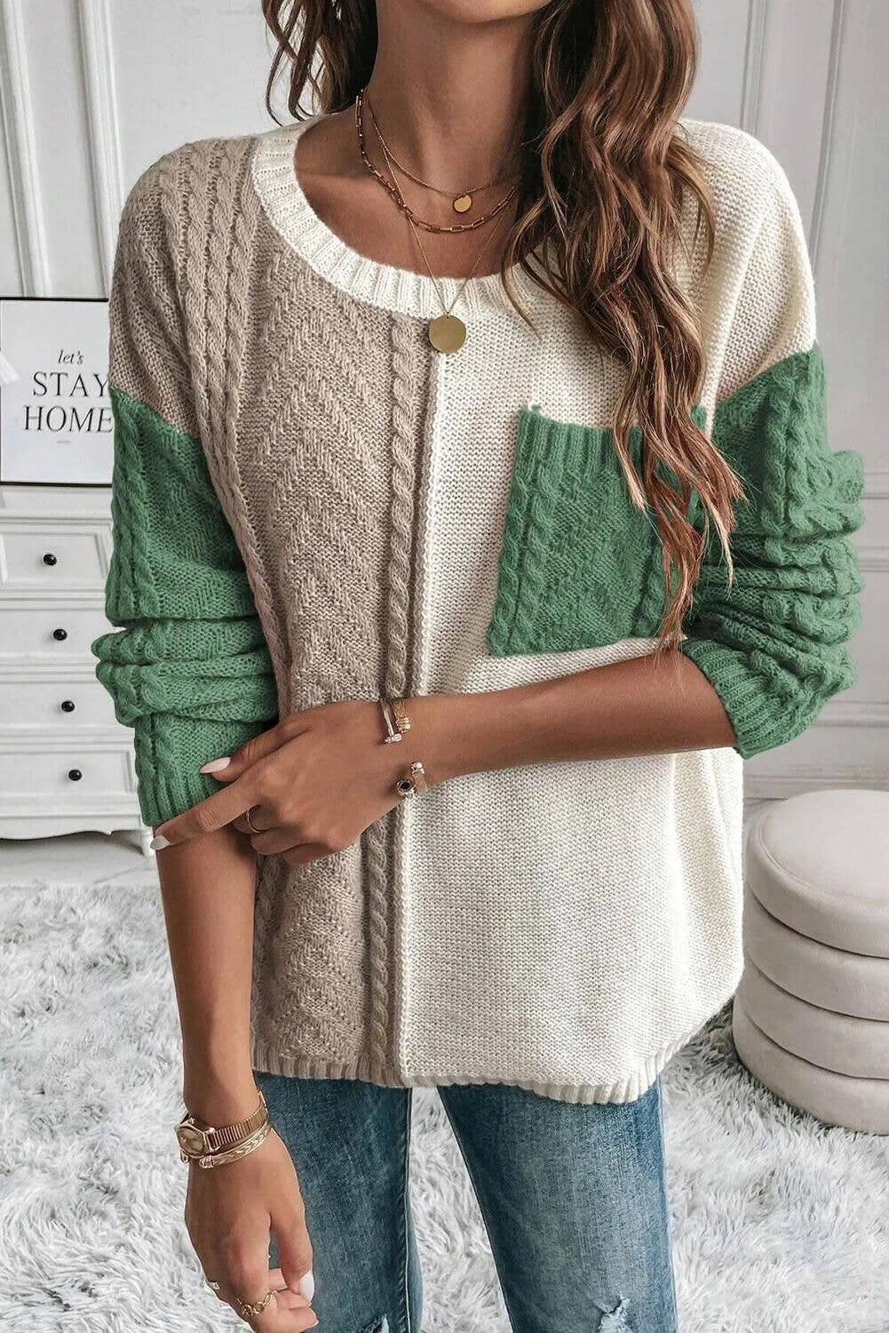 CASUAL PATCHWORK POCKET PULLOVER SWEATER