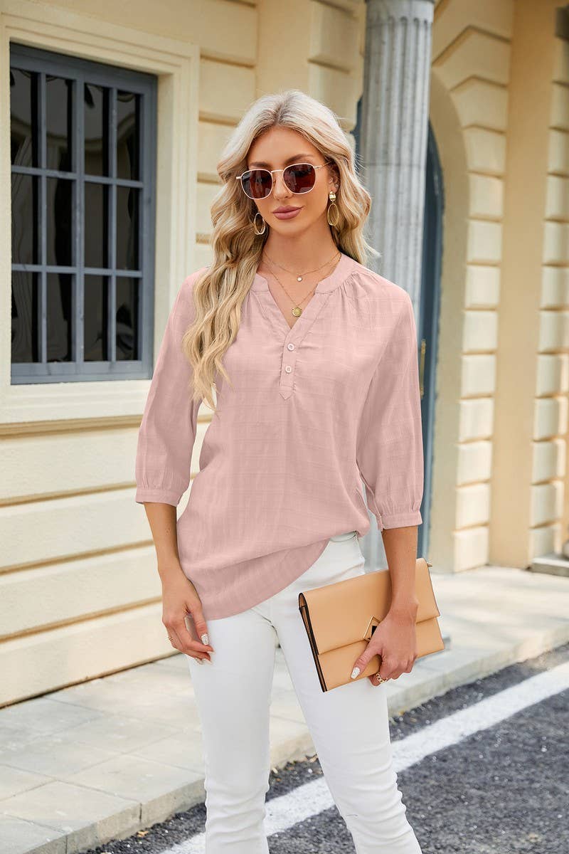 CWTTS0829_3/4 Sleeve V Neck Knit Top