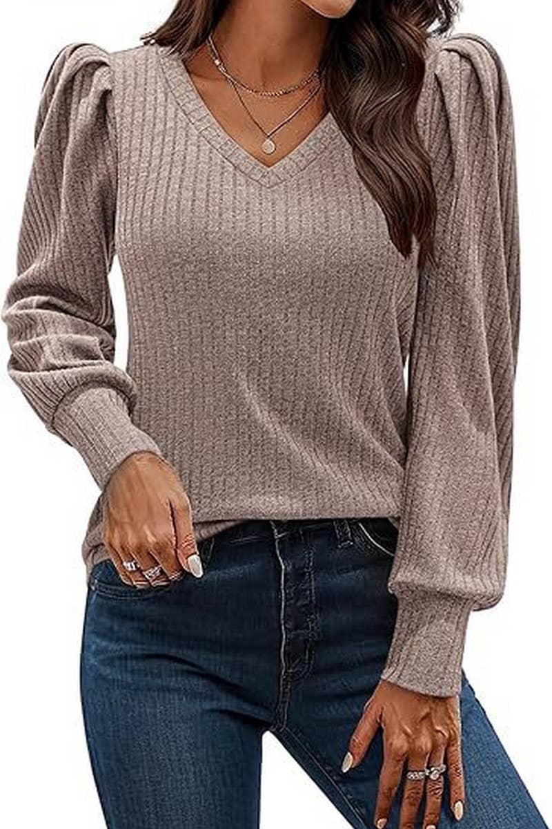 CWTBLL01073_V-NECK LONG-SLEEVED PUFF-SLEEVED TOP