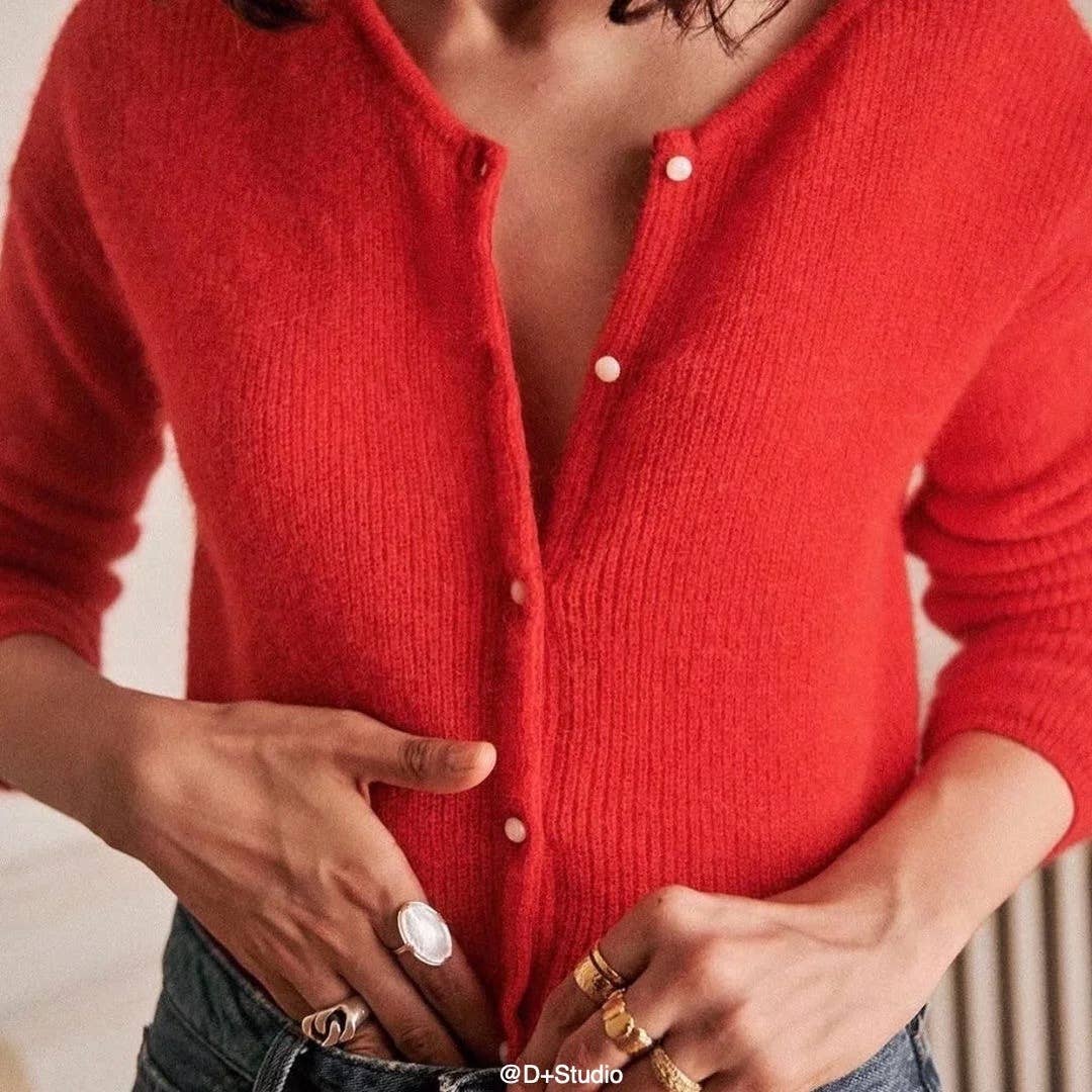 CREW-NECK SOLID COLOR SINGLE BREASTED CARDIGAN