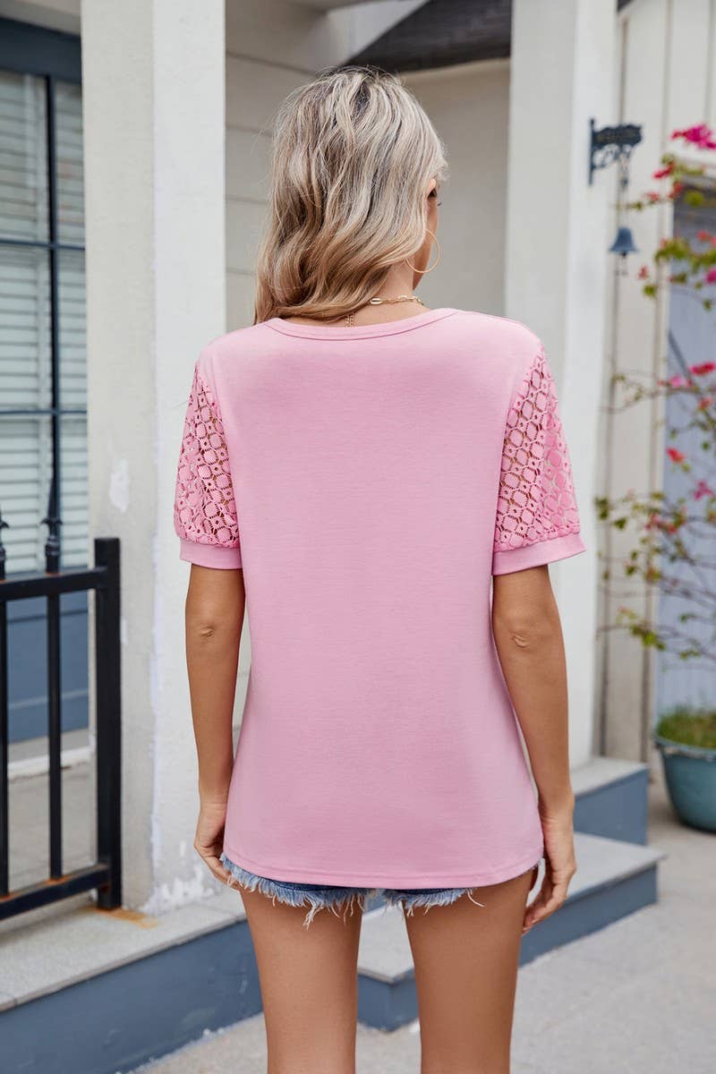 CWTBLS1738_SOLID COLOR V-NECK SHORT-SLEEVED T-SHIRT TOP