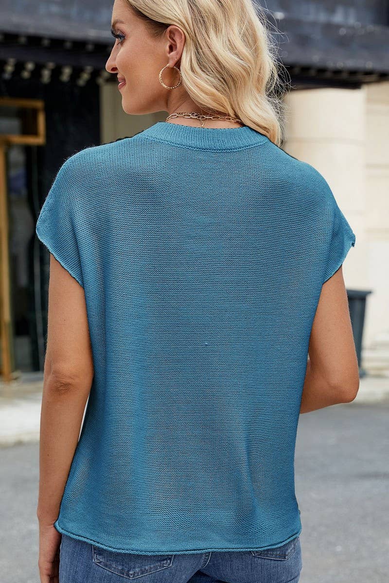 CWTBLS02492_CREW NECK SHORT-SLEEVED KNITTED VEST PULLOVER