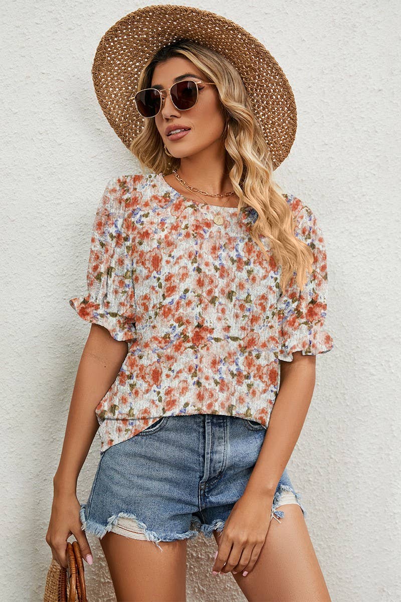 CWTSTS0365_FLORAL LOOSE ROUND NECK PULLOVER SHORTSLEEVE