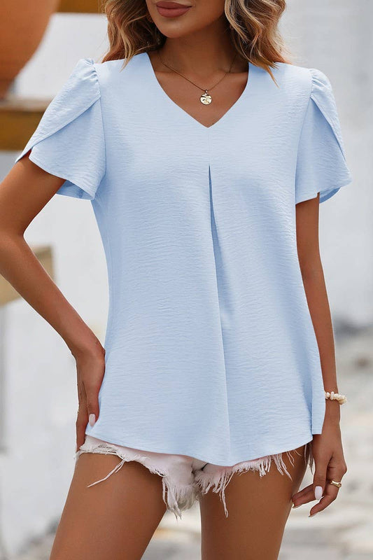 CWTBLS0317_V Neck Ruffle Short Sleeve Blouse