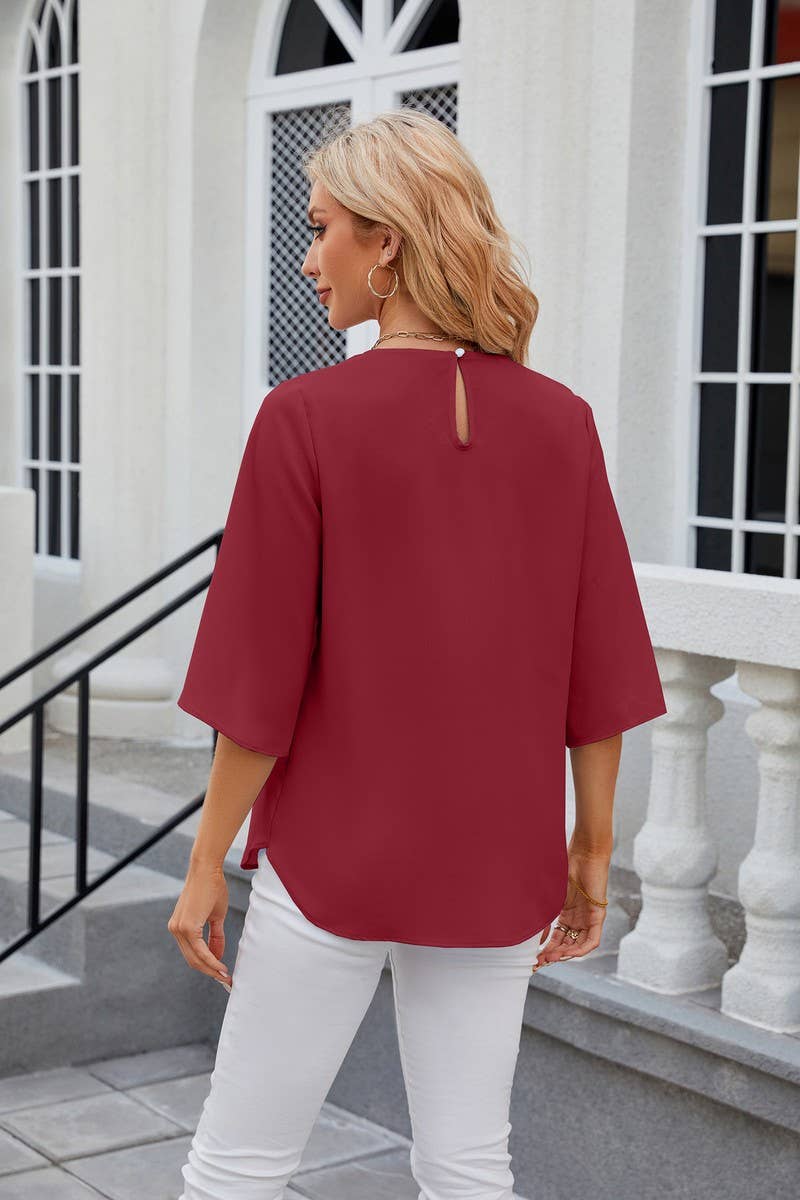 CWTBLS0434_Round Neck Short Sleeve Blouse