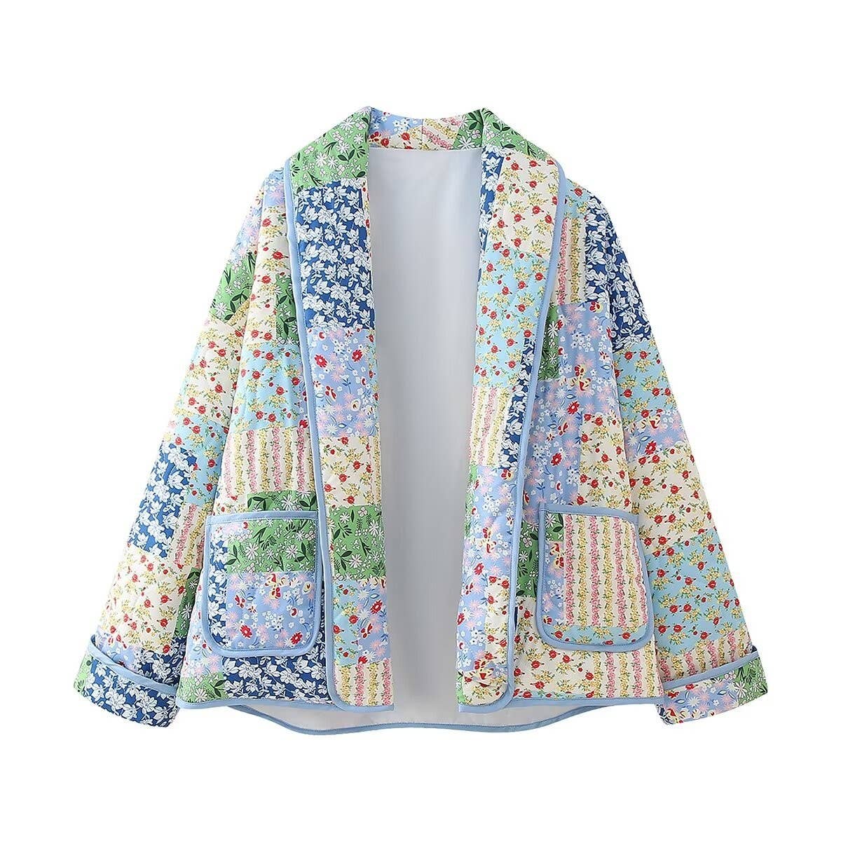 COLORBLOCK PRINT LAPEL QUILTED JACKET