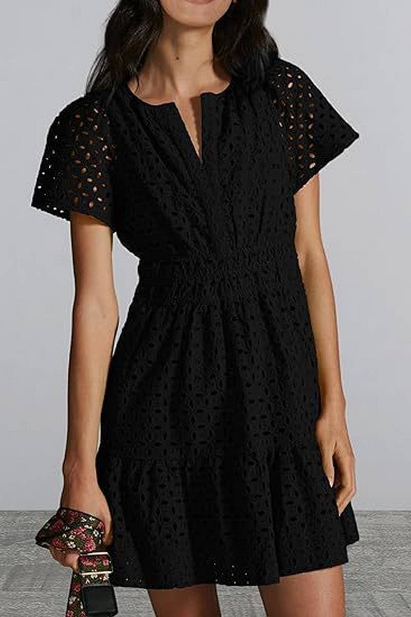 CWDSD8516_V-NECK A-LINE LACE HOLLOW SHORT SLEEVE MINI DRESS