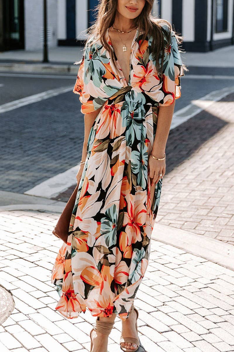 CWDMD1606_DEEP V-NECK BAT SLEEVE PRINTED MAXI DRESS