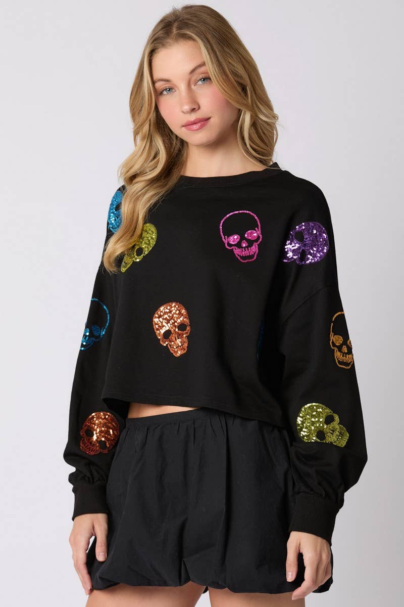 CWTBLL01262_HALLOWEEN SKULL SEQUIN LOOSE SWEATSHIRT